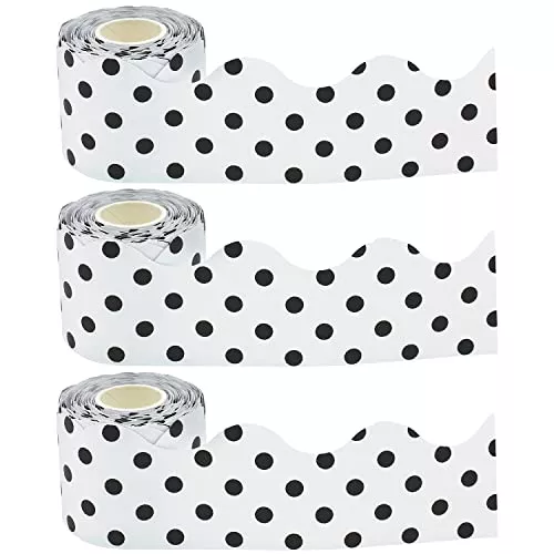 Teacher Created Resources Scalloped Rolled Border Trim, 2-3/16-inch x 50', Black/White, Polka Dots, 3/Pack (TCR8946-3)