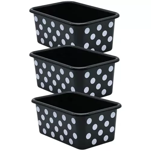 Teacher Created Resources TCR20402-3 Plastic Storage Bin, Small, 7.75-Inch x 11.38-Inch x 5-Inch , White Polka Dots on Black, Pack of 3