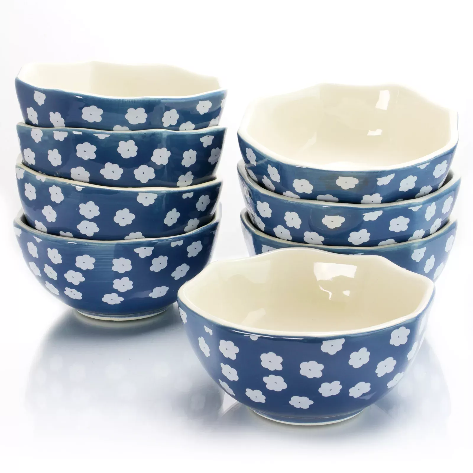 Urban Market Life On The Farm 8 Piece 4.75 Inch Octagon Shaped Durastone Fruit Bowls in Blue/White
